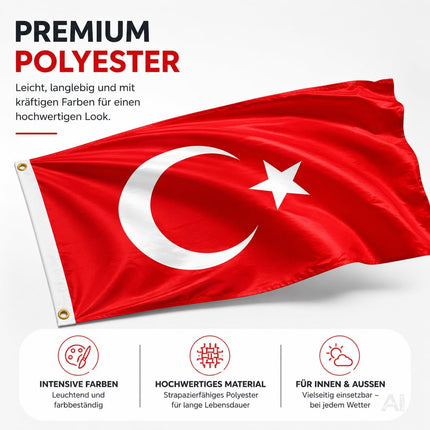 Türkische Flagge mit weißem Halbmond und Stern auf rotem Grund – Nahaufnahme des Stoffes