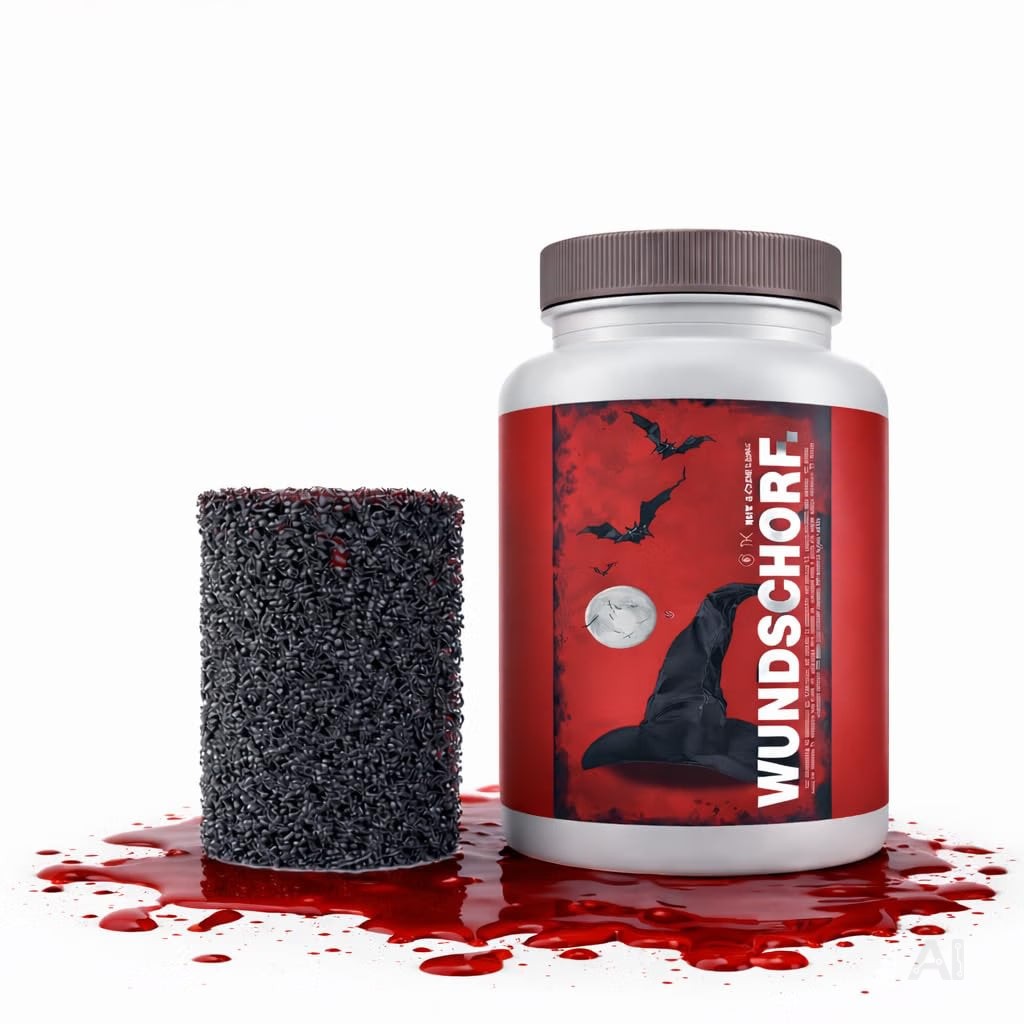 Kunstblut, 15 ml, mit Wundschorf-Schwamm – Abwaschbares Krustenblut für Halloween und Fasching