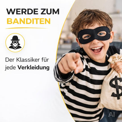 Schwarze Augenmaske für ein Banditenkostüm – von einem Kind getragen