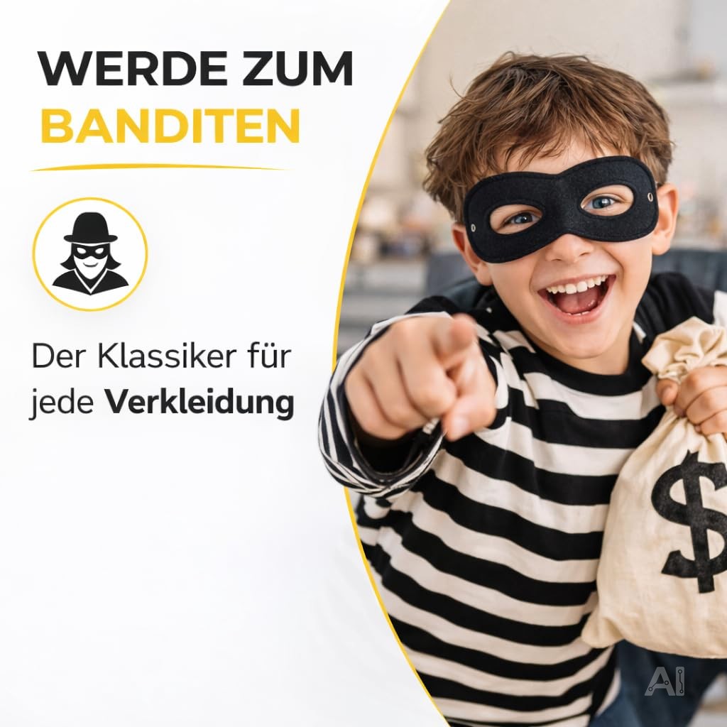 Schwarze Augenmaske für ein Banditenkostüm – von einem Kind getragen