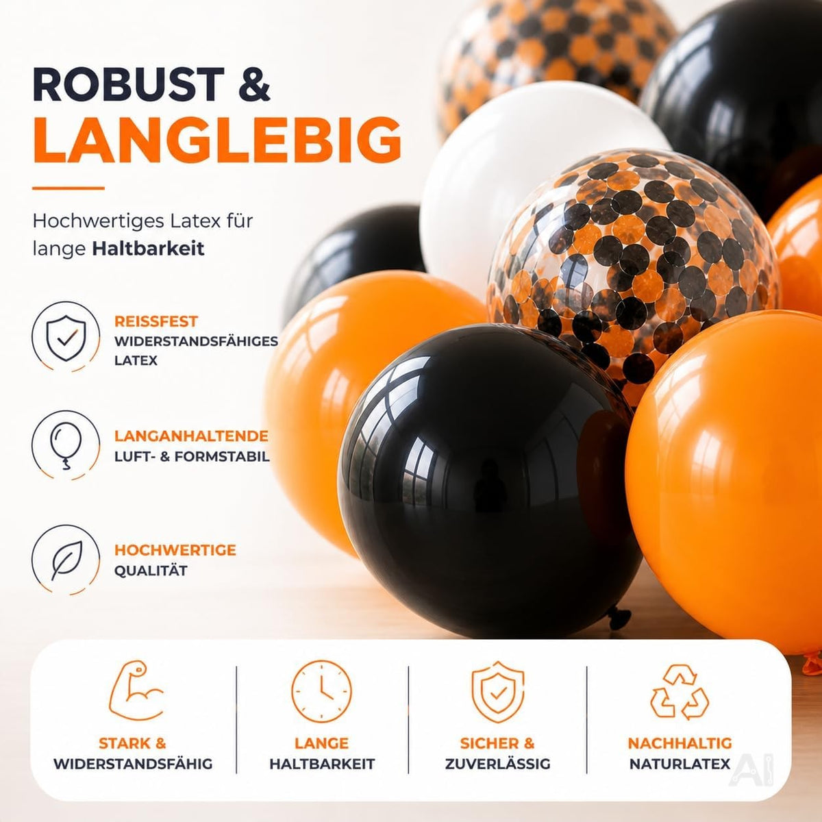 Nahaufnahme der orangefarbenen, schwarzen, weißen und transparenten Latexballons mit Materialhinweisen.