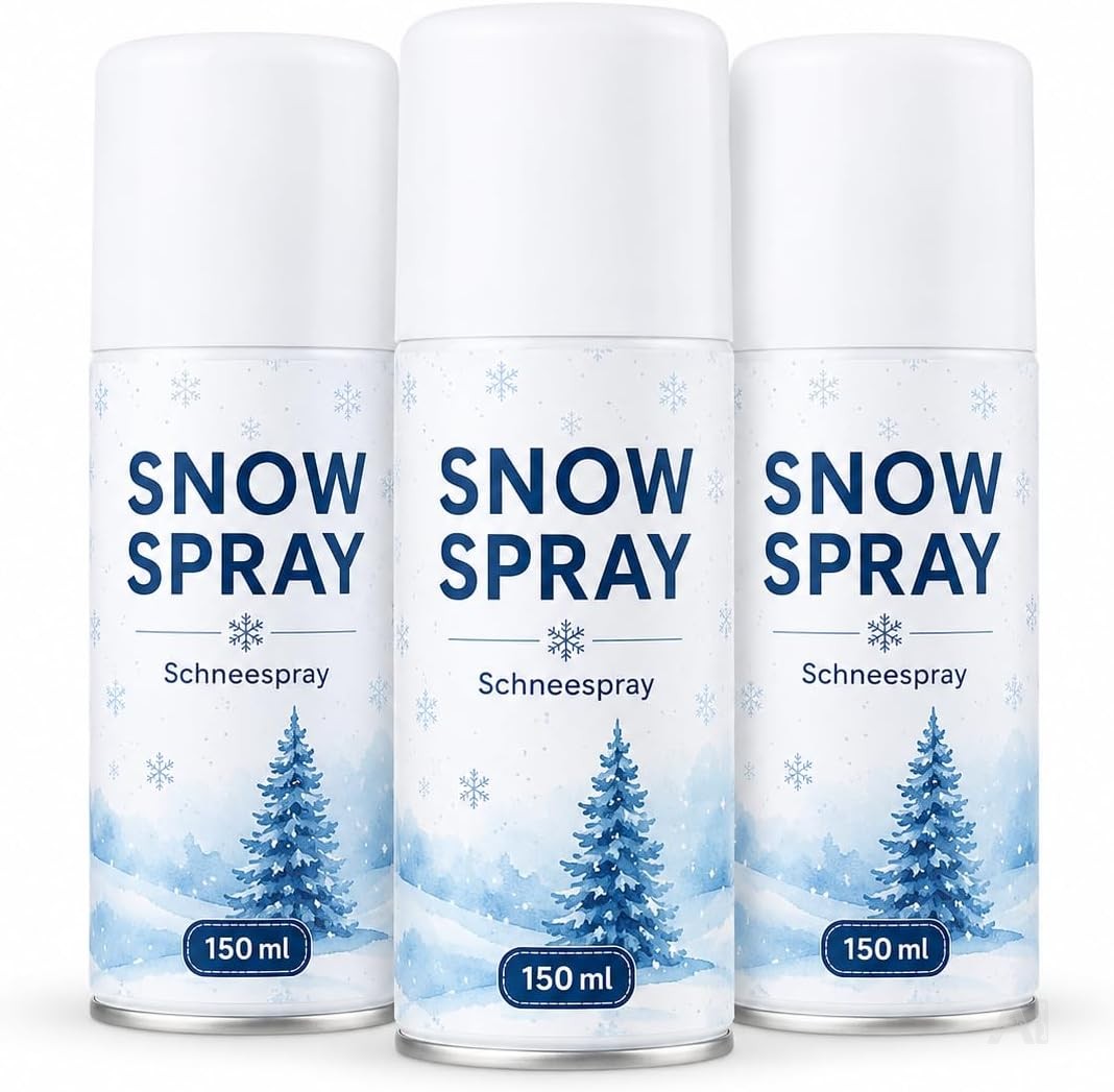 Schneespray 3 × 150 ml – künstlicher Dekoschnee mit fluffigem, leicht glitzerndem Schnee-Effekt für Weihnachten, Fenster, Spiegel, Tannenzweige und Adventskränze, für kreative Winterdeko und Bastelideen