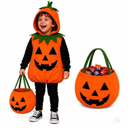 Kinder Kürbis Kostüm ab 3 Jahren – Halloween Set mit Tragetasche