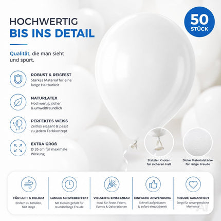 50x Luftballons Weiß Ø 35 cm Ballons - weiß Helium geeignet zur Deko Dekoration