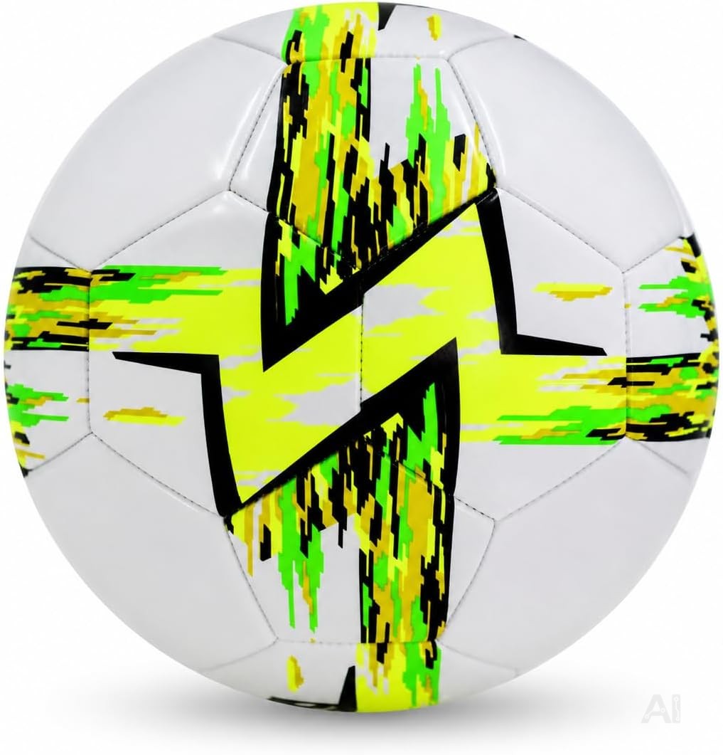 Fußball Größe 5 – Robuster Trainingsball in Weiß mit grün-gelbem Muster, strapazierfähiger PVC-Ball für Mannschaftstraining, Verein, Schule und Freizeit auf Rasen, Kunstrasen & Hartplatz (Fußball)