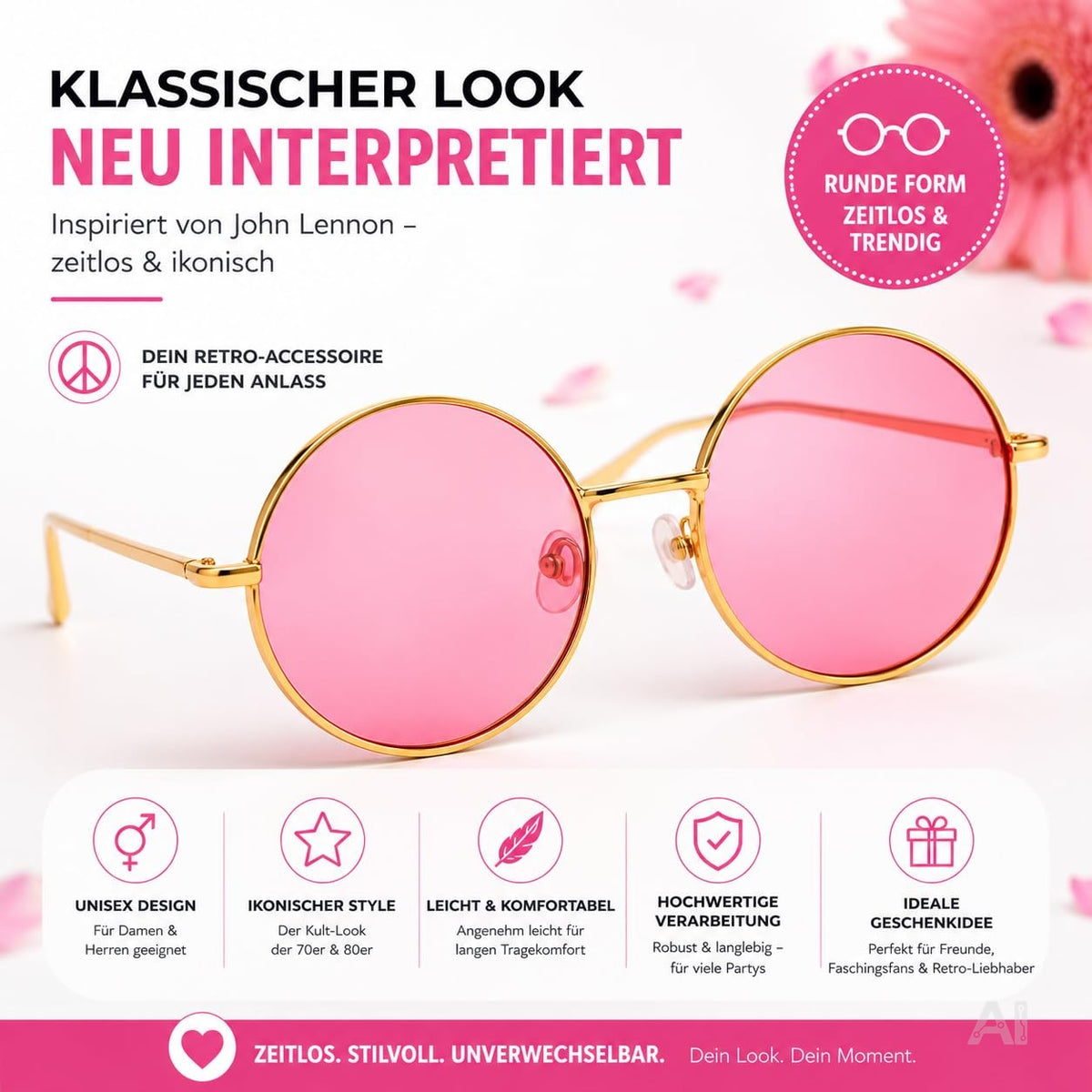 Runde Hippie-Brille mit rosa Gläsern