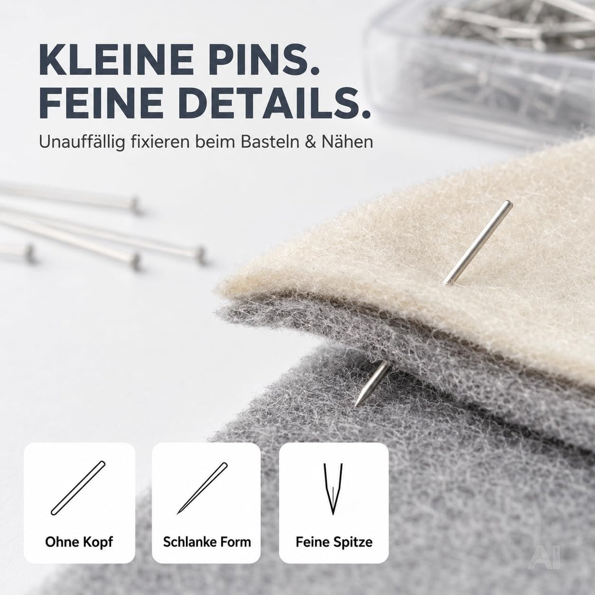 Silberfarbene Stecknadeln – Nahaufnahme im Stoff