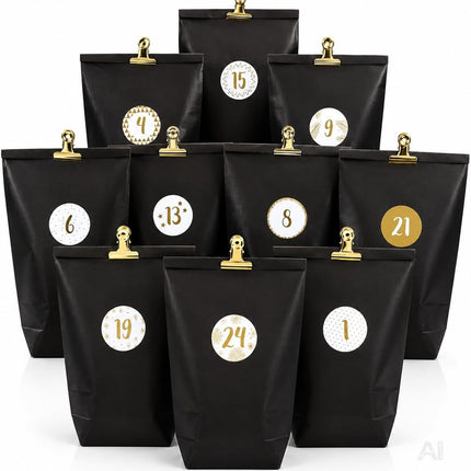 Adventskalender mit 24 Tüten Modell 1 in Schwarz und Gold – Setübersicht