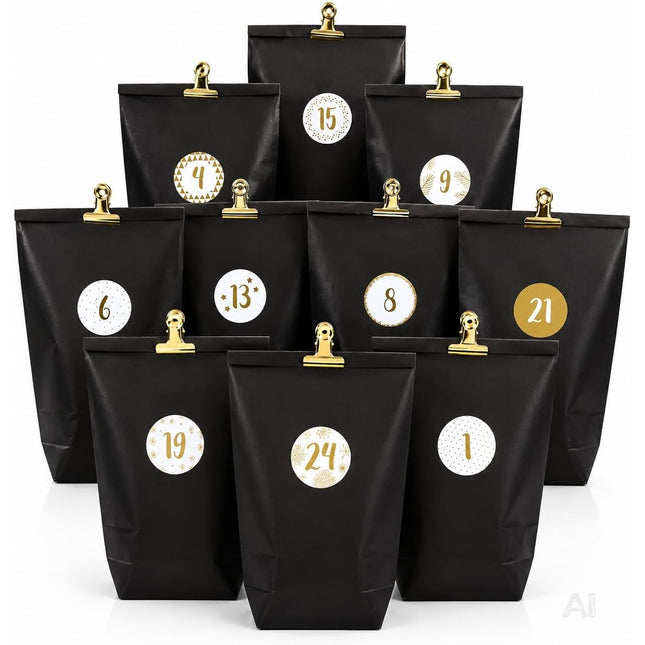 Adventskalender mit 24 Tüten Modell 1 in Schwarz und Gold – Setübersicht