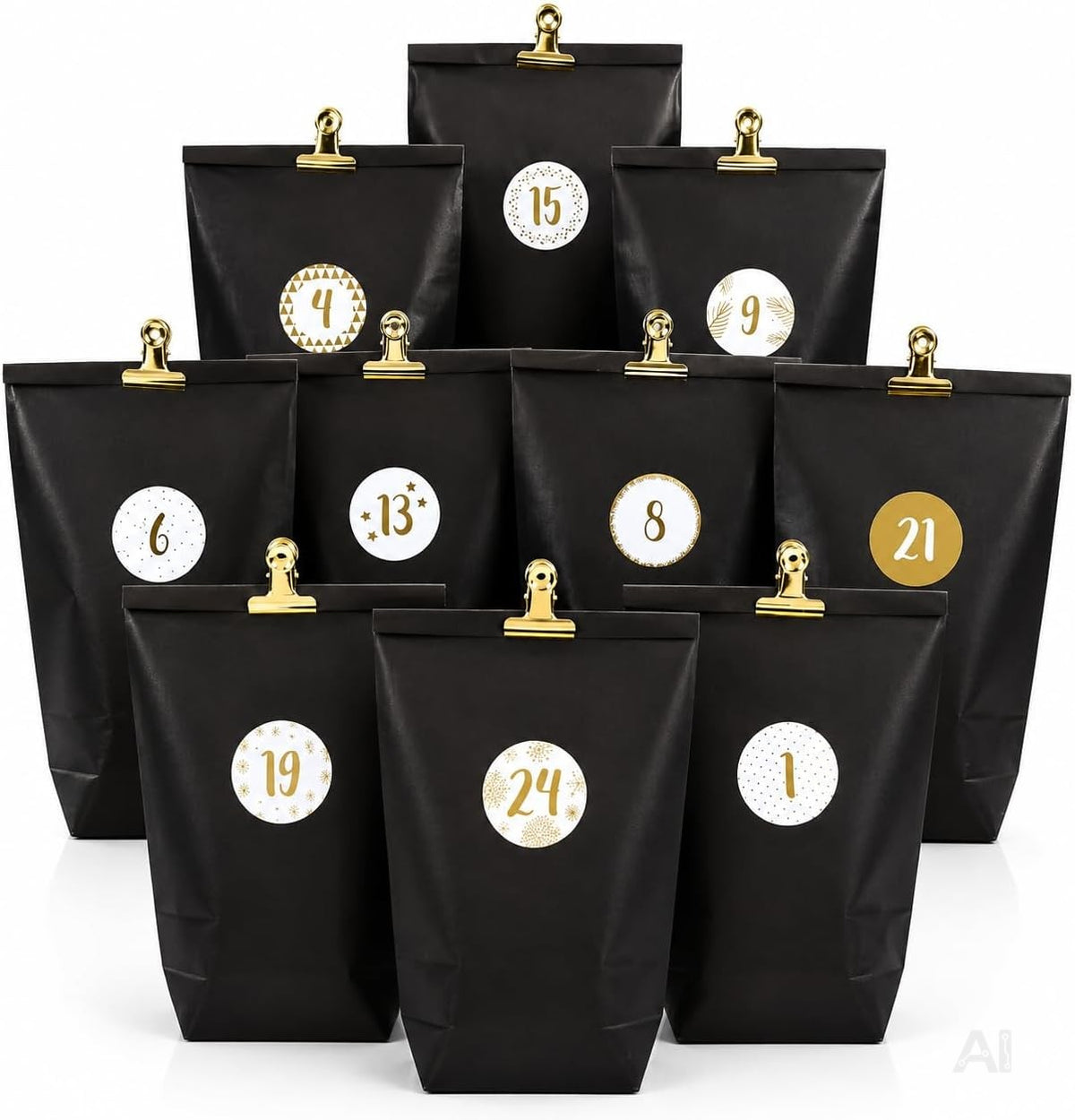 Adventskalender zum Befüllen – 24 Tüten Modell 1 mit Zahlenaufklebern 1–24 und Klammern, DIY-Weihnachtskalender zum Basteln und Verschenken, Papiertüten als Geschenkverpackung für kleine Überraschungen