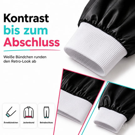 Schwarzer Retro-Trainingsanzug als Kostüm – Nahaufnahme der weißen Bündchen