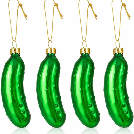 Grüne Weihnachtsgurken im 4er-Set mit goldfarbener Aufhängung – Setübersicht