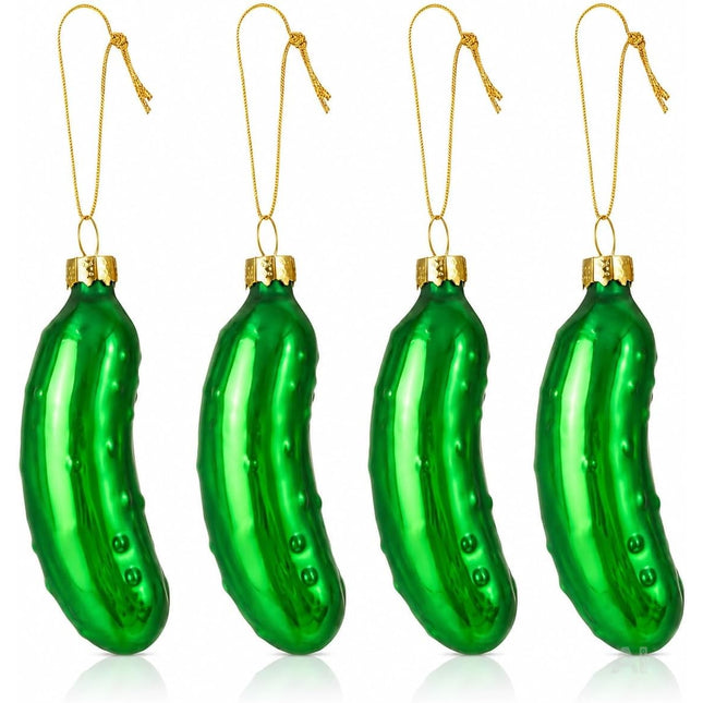 Grüne Weihnachtsgurken im 4er-Set mit goldfarbener Aufhängung – Setübersicht