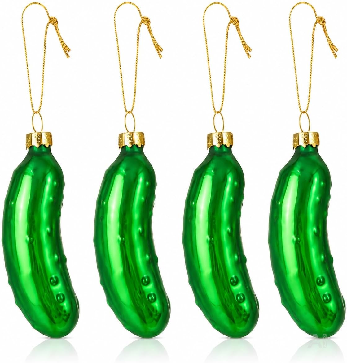 Weihnachtsgurken 4er-Set – grüne Weihnachtsbaum-Anhänger, je 8 cm, glänzender Christbaumschmuck mit goldfarbener Aufhängeschlaufe für Tannenbaum und Zweige, originelle Weihnachtsdeko zum Verschenken