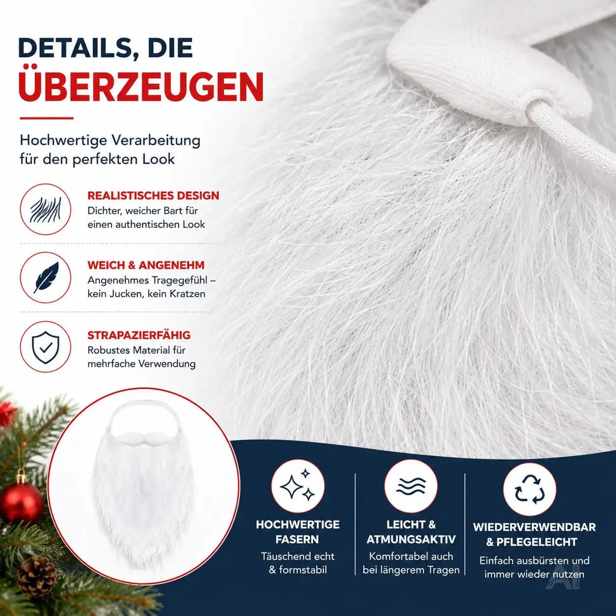 6X Nikolausbart Weiß - Perfekt zum Verkleiden als Nikolaus – Detailansicht 3