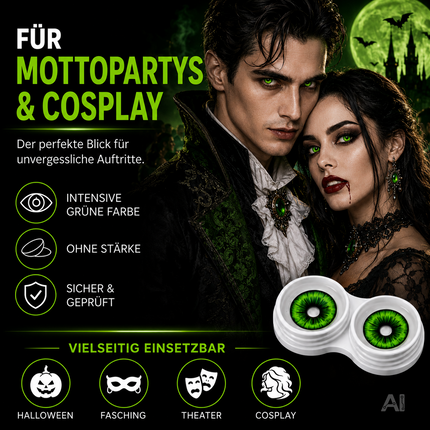 Grün Farbige & Geprüfte Kontaktlinsen - Grußlige Tageslinsen für Halloween & Fasching - ohne Stärke - Vampir & Dracula (Grün, 1 Paar / 2 Stück)