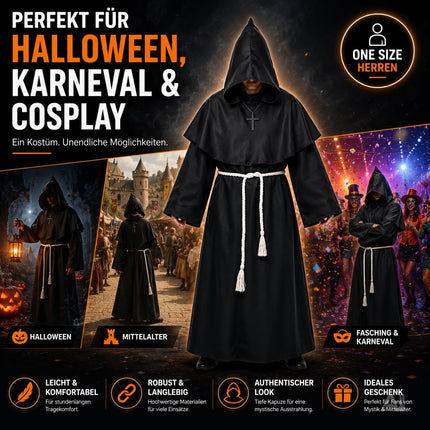 Schwarze Mönch Robe Erwachsene – Halloween Kostüm mit Kapuze