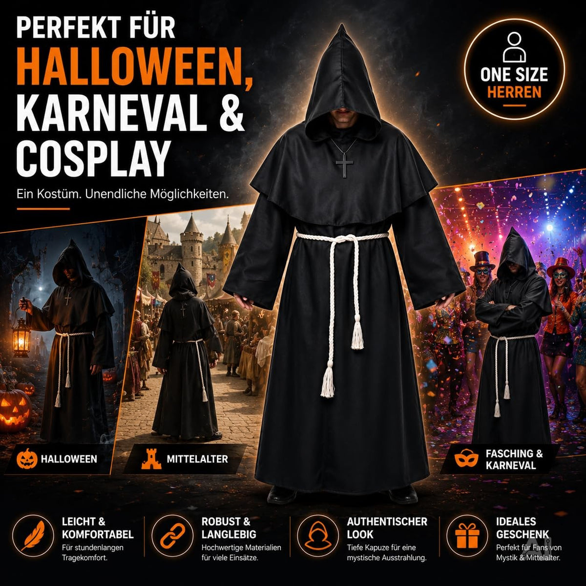 Robe Halloween Erwachsene – Schwarzes Mönch Kostüm mit Kapuze