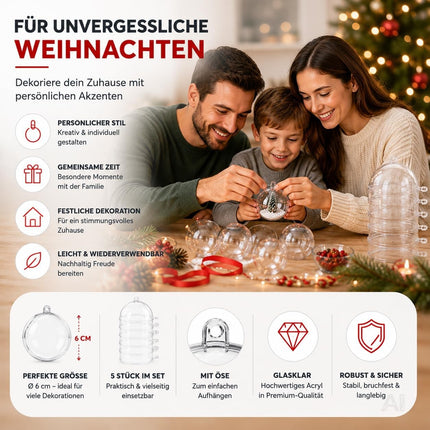 5x Weihnachtskugeln aus Kunststoff – Transparente Acrylkugeln in Glasoptik mit Aufhängeöse, Christbaumschmuck & Weihnachtsdeko - Weihnachten & Advent (5x Ø 6 cm)