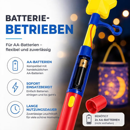 Elektrischer Laternenstab Stern – heller Laternenstab mit Haken für St. Martin, Halloween & Laternenumzug – für AA Batterien