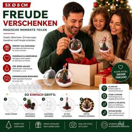 5x Weihnachtskugeln aus Kunststoff – Transparente Acrylkugeln in Glasoptik mit Aufhängeöse, Christbaumschmuck & Weihnachtsdeko - Weihnachten & Advent (5x Ø 8 cm)