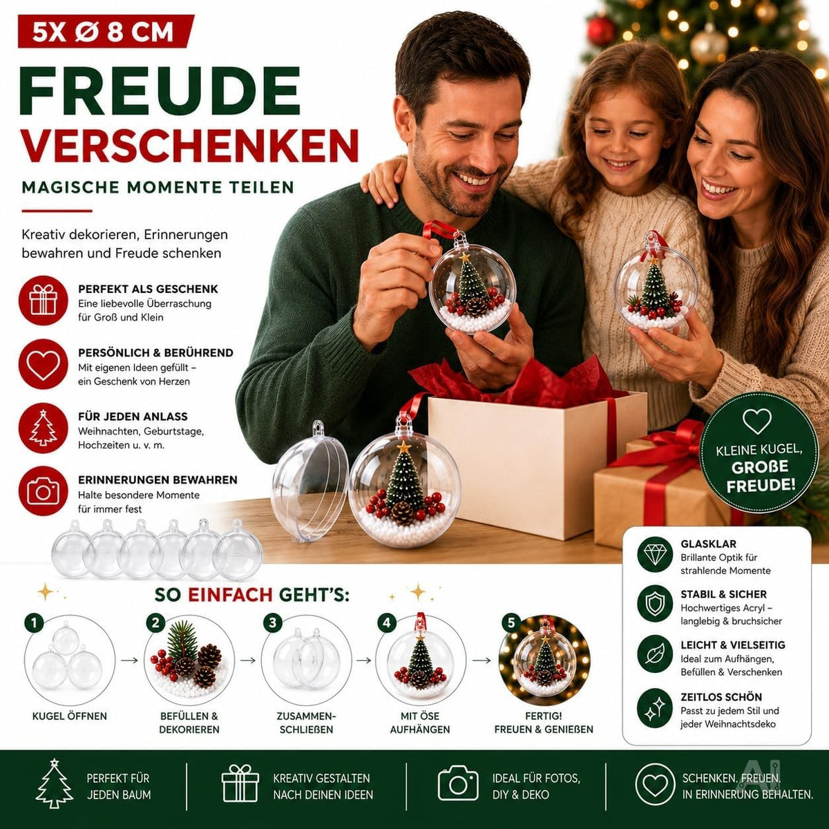 Fünf transparente Kunststoff-Weihnachtskugeln mit Aufhängeösen, Ø 8 cm