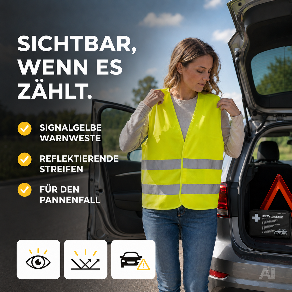 3 in 1 KFZ Pannenset 2026 & Autozubehör - Auto Erste Hilfe Set mit Verbandskasten & Warnweste – Detailansicht 6