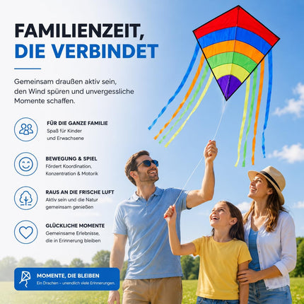 Flugdrachen Einleiner mit 80 m Drachenschnur – Bunter Drachen für Kinder & Erwachsene – Lenkdrachen für Strand, Garten & Outdoor (Rot/ Bunt)