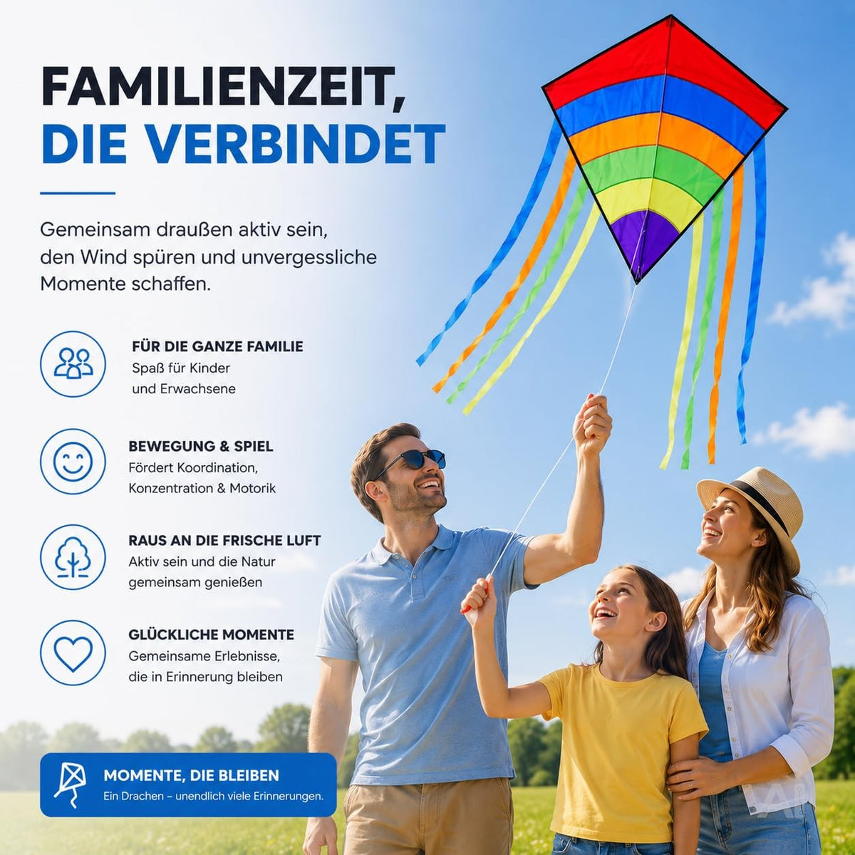 Bunter Einleiner-Drachen mit Drachenschnur – beim Drachensteigen mit der Familie