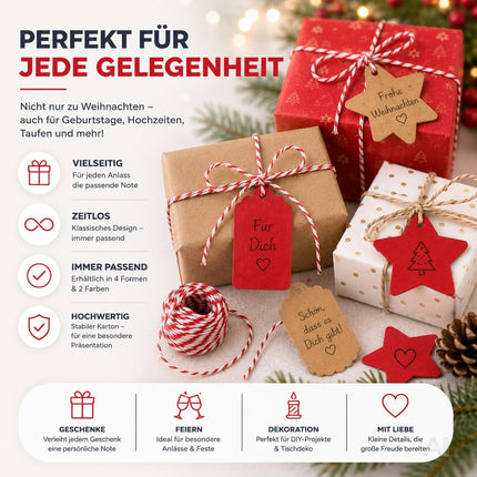 50x Weihnachtsanhänger mit 10 m Schnur – Geschenkanhänger zum Verzieren von Weihnachtsgeschenken, Geschenkdeko für Weihanchten & Advent (50 Set - Mod. 01)