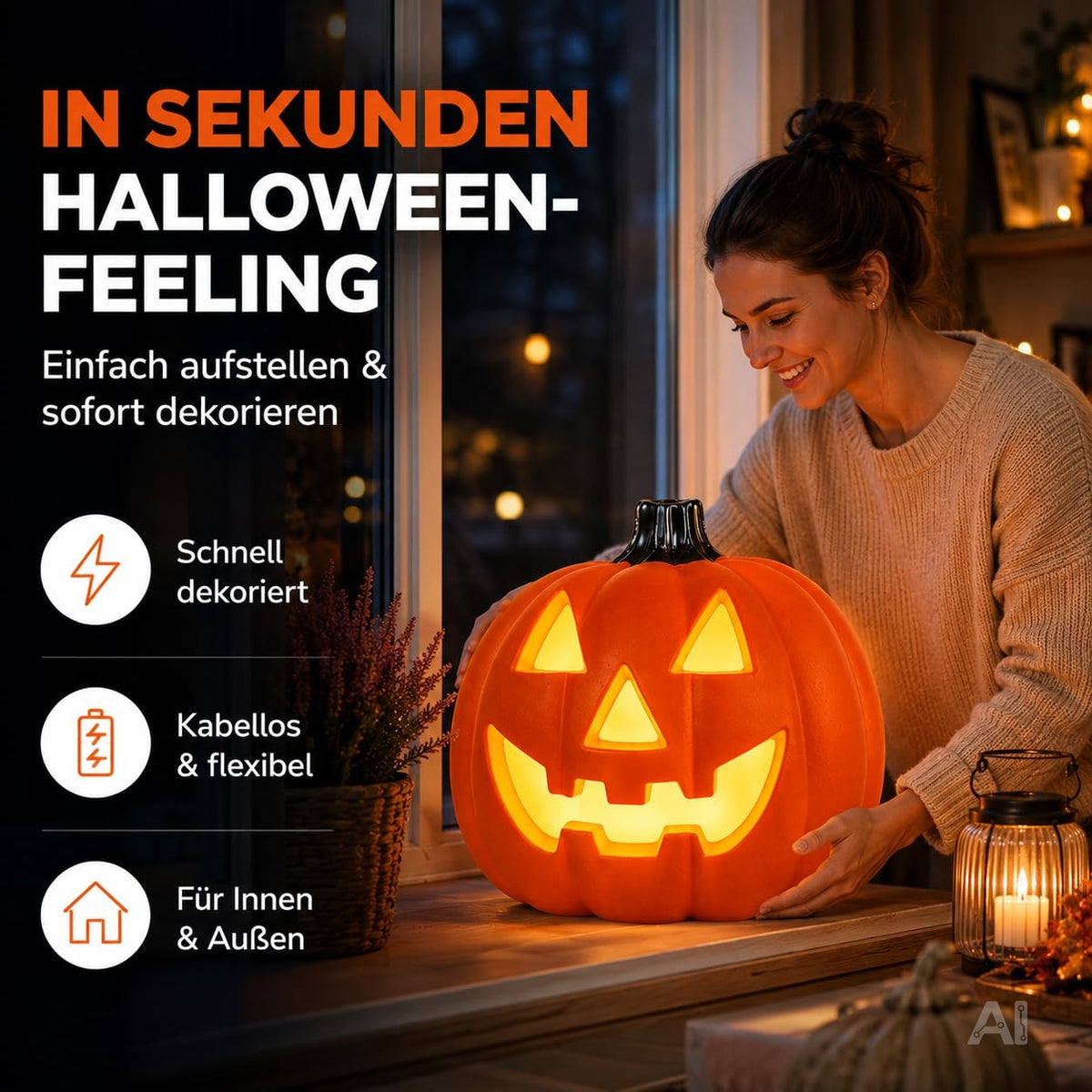 Beleuchteter Halloween-Kürbis – beim Aufstellen im Haus