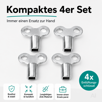 4x Heizkörper-Entlüftungsschlüssel: Schlüssel zum Entlüften von Heizungen