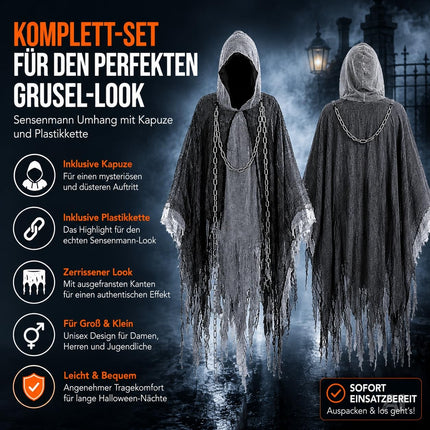 Sensenmann Kostüm Erwachsene – Schwarzer Halloween Umhang mit Kette