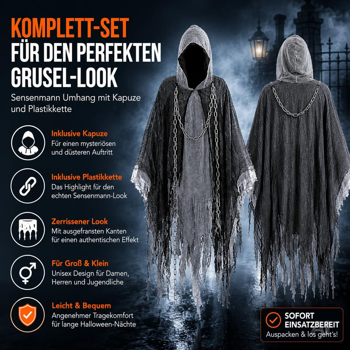 Sensenmann Kostüm Erwachsene – Schwarzer Halloween Umhang mit Kette