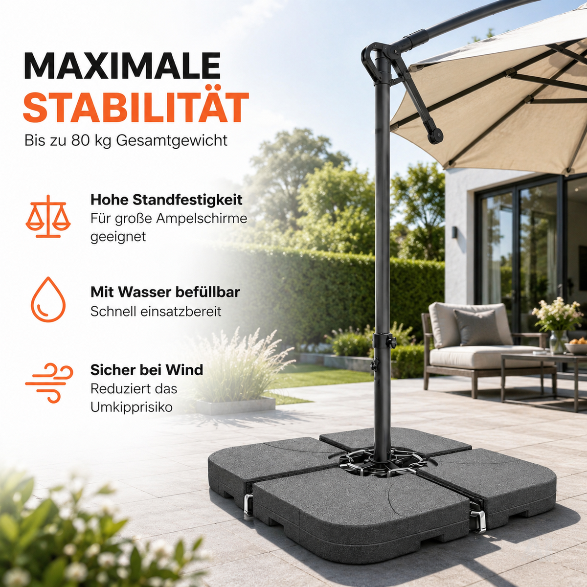 Befüllbare Schirmgewichte für einen Ampelschirm