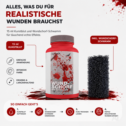 15 ml Blut - Fake Blood mit Wundschorf - täuschend echt & abwaschbar - Kunstblut - für Halloween & Fasching zum Schminken und Verkleiden