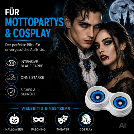 Blau Farbige & Geprüfte Kontaktlinsen - Gruselige Tageslinsen für Halloween & Fasching - ohne Stärke - Vampir & Dracula (Blau, 1 Paar / 2 Stück)