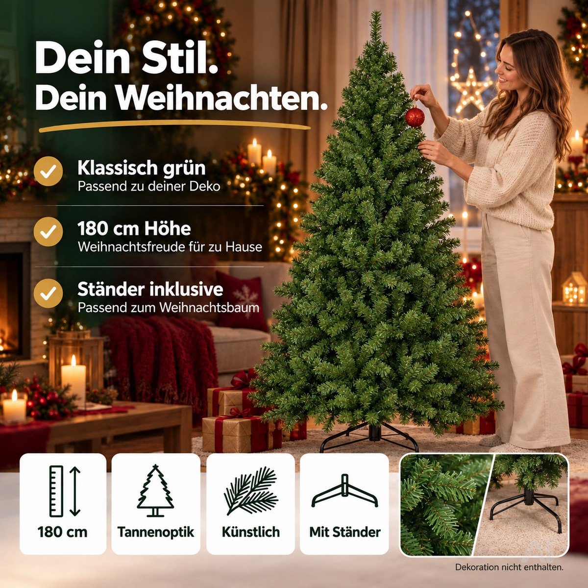 Weihnachtsbaum künstlich 180 cm grün - täuschend echt & naturgetreuer Premium Tannenbaum (PREMIUM)