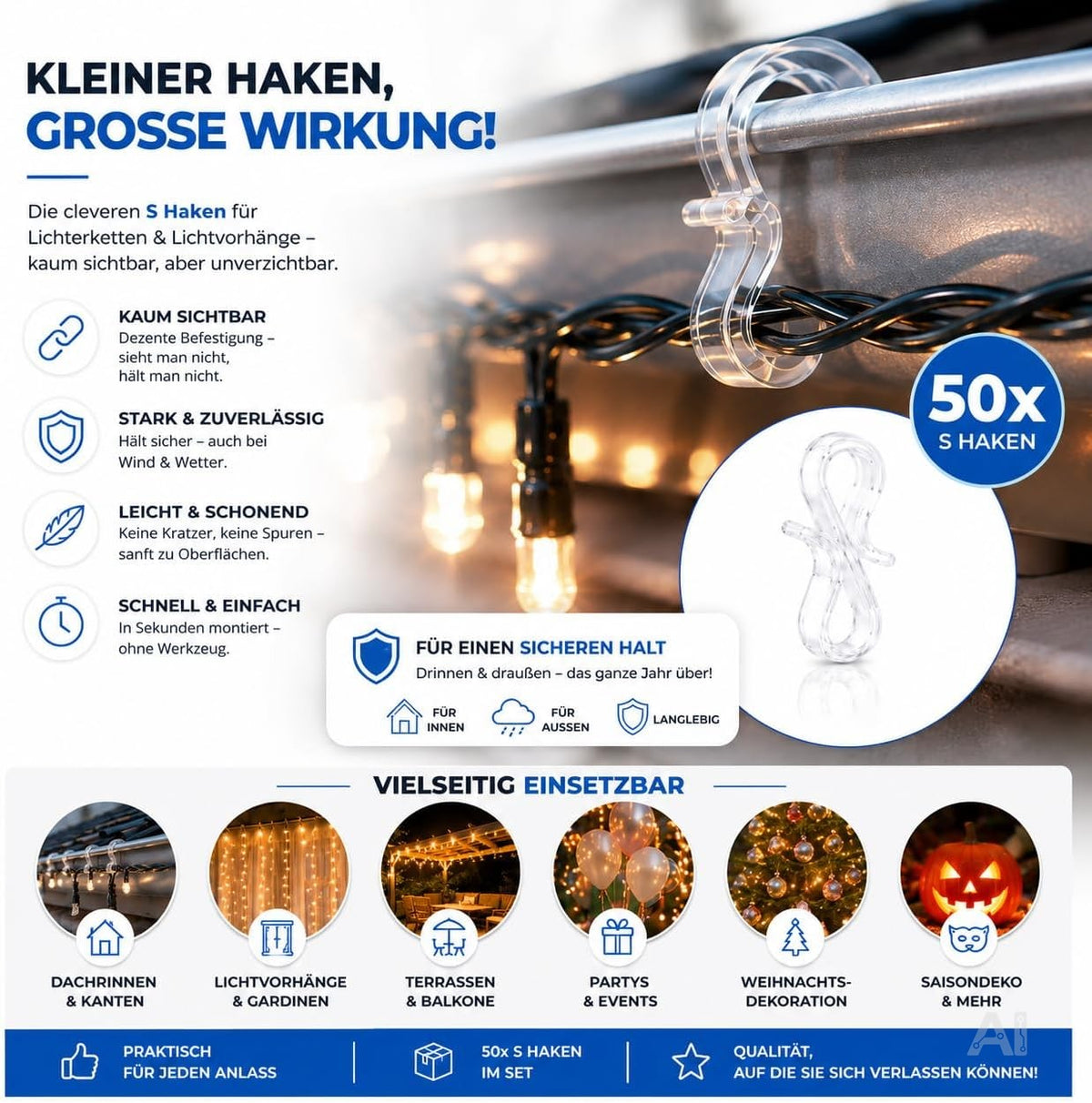50x S-Haken für Lichterketten & Lichtvorhänge – Dachrinnenhaken zur Befestigung von Weihnachtsbeleuchtung, praktische Halterung für Weihnachtsdeko (50x S Haken)