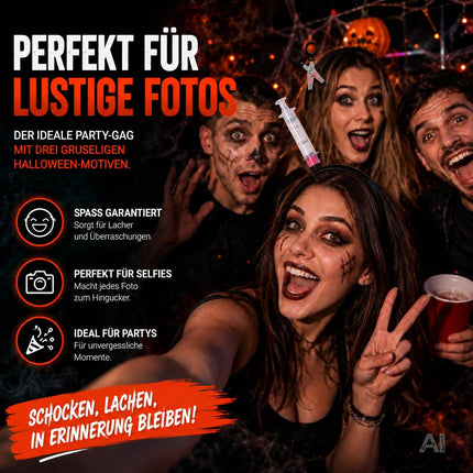 3 in 1 Halloween Horror Accessoire Set – Blutige Spritze, Messer & Schere – Grusel Zubehör für Halloween, Fasching & Kostüm