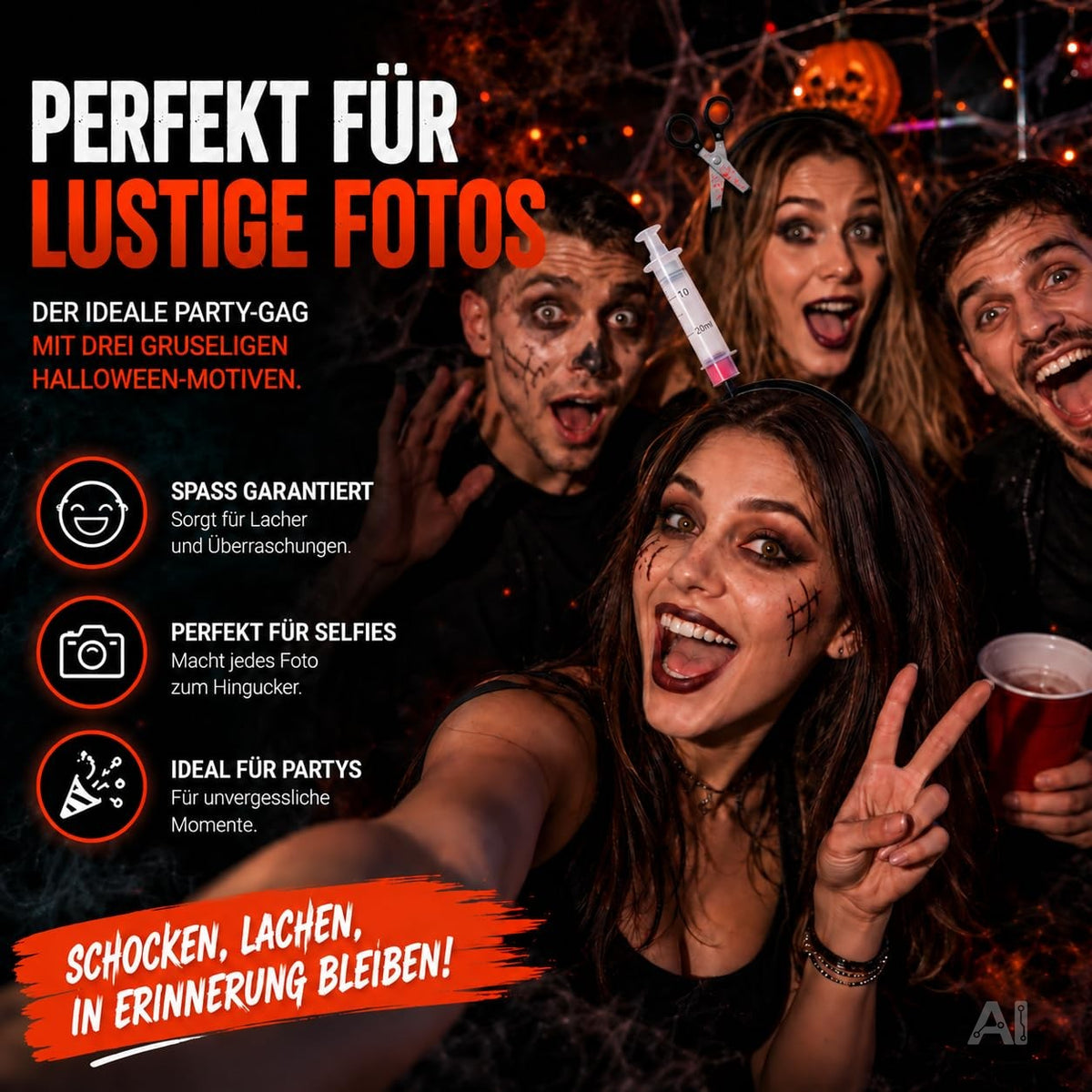 Halloween-Kostümzubehör: Spritze, Messer und Schere mit Bluteffekt