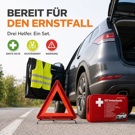 3 in 1 Set Auto Erste Hilfe Kit - KFZ-Verbandskasten, Warnweste, Warndreieck