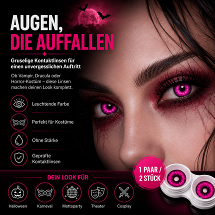 Pink Farbige & Geprüfte Kontaktlinsen - Grußlige Tageslinsen für Halloween & Fasching - ohne Stärke - Vampir & Dracula (Pink, 1 Paar / 2 Stück)