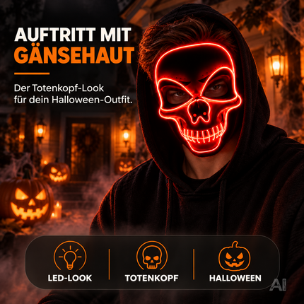 LED Halloween Totenkopf Maske im Purge-Stil, steuerbare Leuchtmaske für Herren & Damen, Kostüm-Accessoire für Fasching & Karneval (LED Totenkopf - Rot)