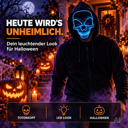 LED Halloween Totenkopf Maske im Purge-Stil, steuerbare Leuchtmaske für Herren & Damen, Kostüm-Accessoire für Fasching & Karneval (LED Totenkopf - Blau)
