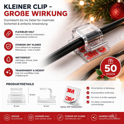 50x Selbstklebende Clips für Lichterketten & Lichtvorhänge – Klebehaken mit Klebestreifen zur Befestigung von Weihnachtsbeleuchtung (50x Klebehaken)