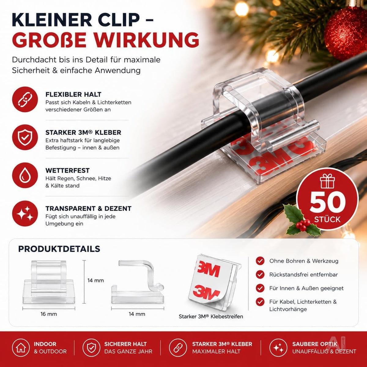 50x Selbstklebende Clips für Lichterketten & Lichtvorhänge – Klebehaken mit Klebestreifen zur Befestigung von Weihnachtsbeleuchtung (50x Klebehaken)