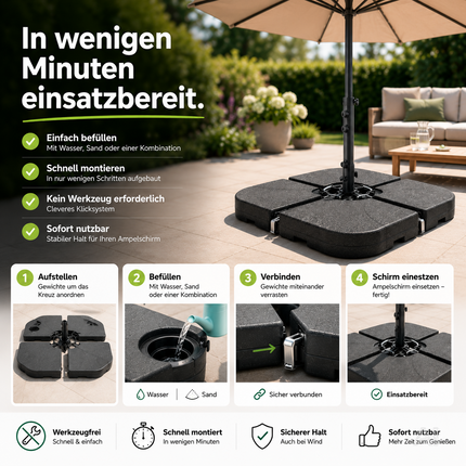 Befüllbare Schirmgewichte für einen Ampelschirm