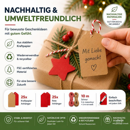 50x Weihnachtsanhänger mit 10 m Schnur – Geschenkanhänger zum Verzieren von Weihnachtsgeschenken, Geschenkdeko für Weihanchten & Advent (50 Set - Mod. 02)