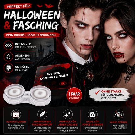 Weiße Farbige & Geprüfte Kontaktlinsen - Gruselige Tageslinsen für Halloween & Fasching - ohne Stärke - Vampir & Dracula (weiß, 1 Paar / 2 Stück)